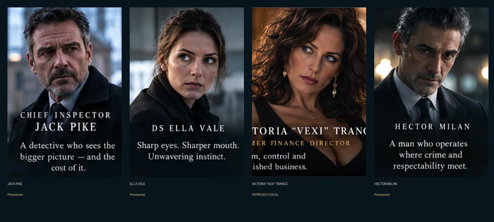 Four-character visual continuity lineup with Vexi approved