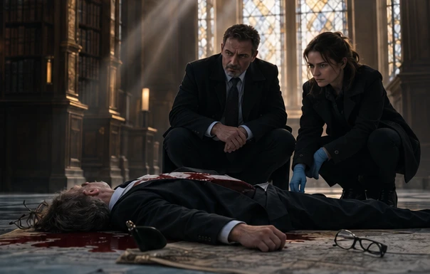 Pike and Vale at a dramatic library crime scene